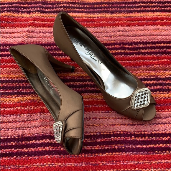 easy street Shoes - Easy Street Brown Satin Heels, Retro Style Rhinestone, Peep Toe Pumps, Prom